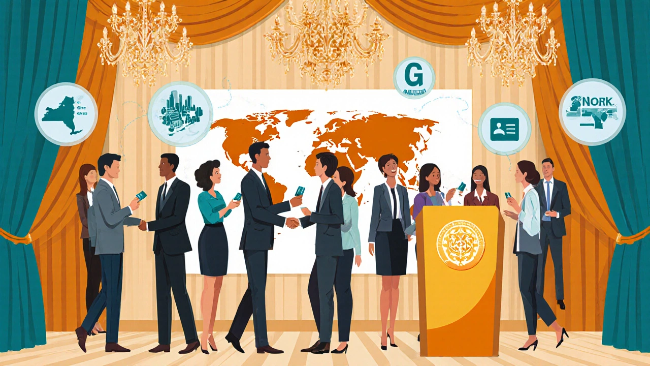 Alumni networking event with professionals, world map backdrop, and scholarship podium.