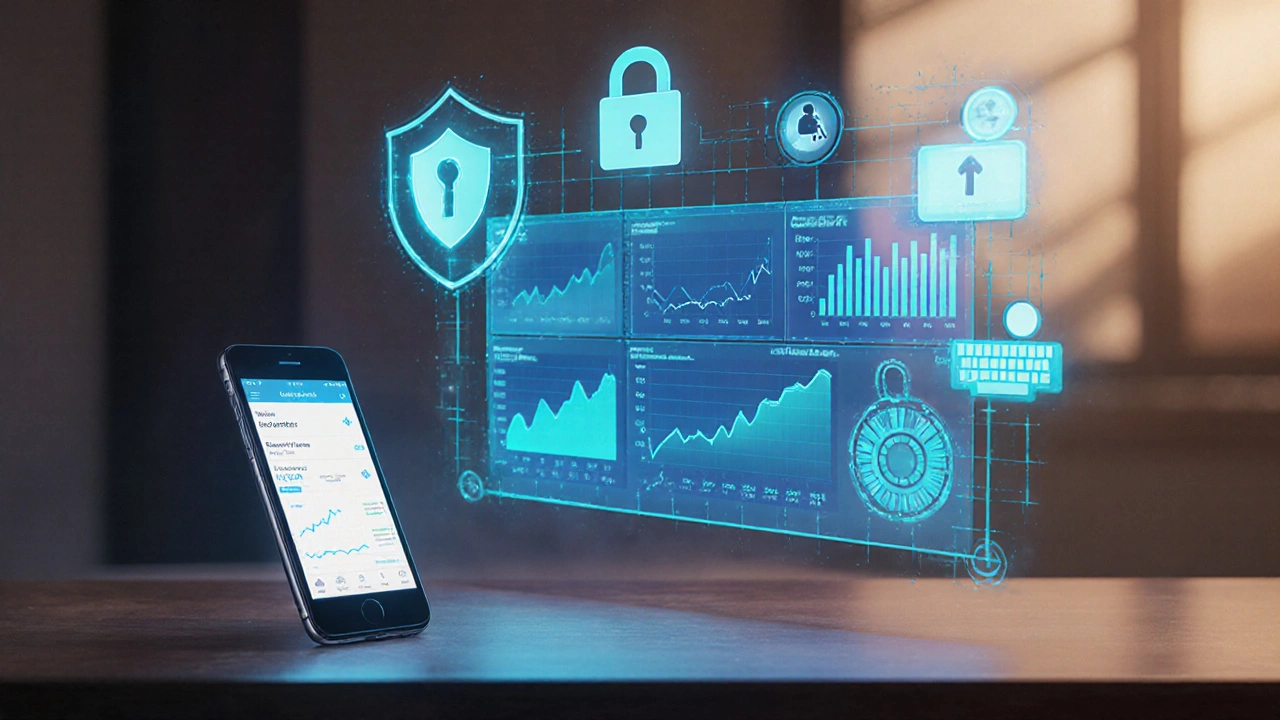 Analytics dashboard, mobile app, and security icons illustrating data and accessibility.
