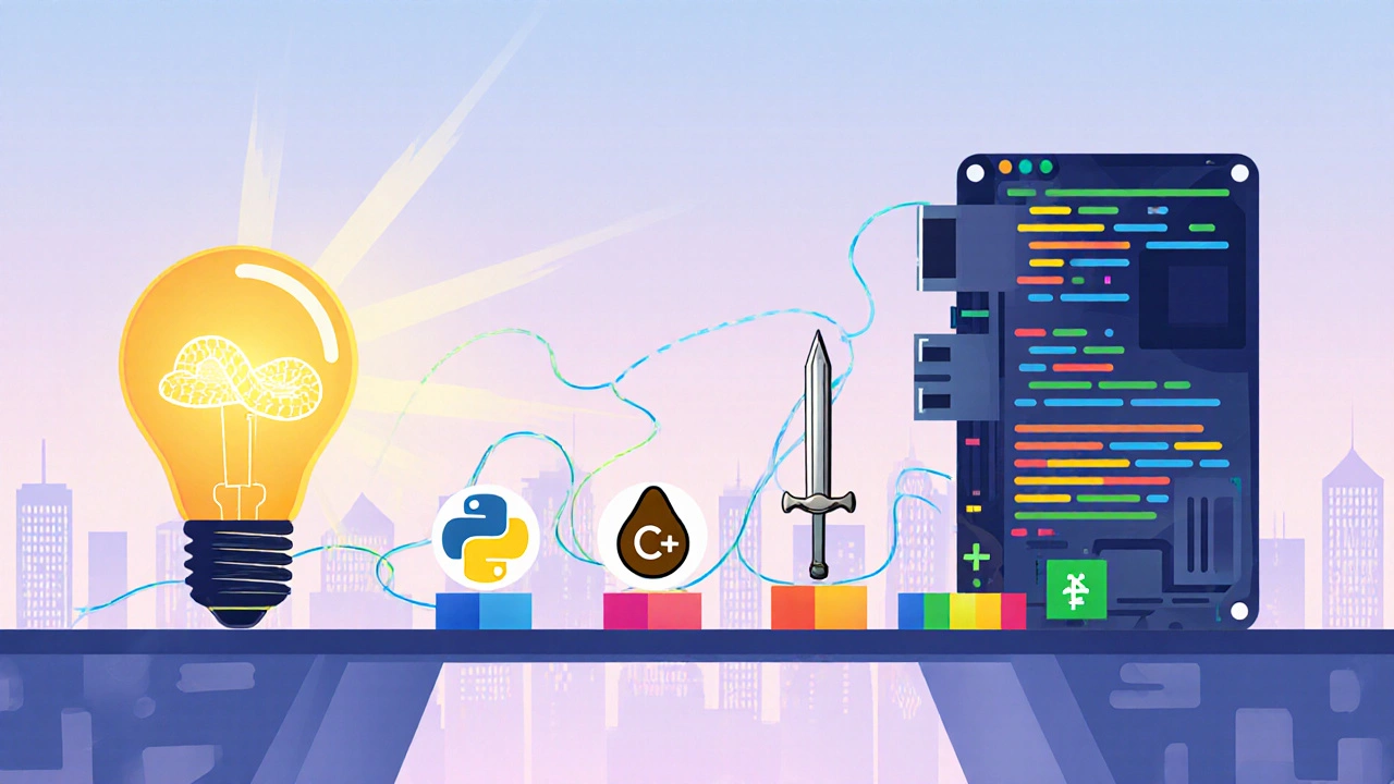 Bridge of code connecting an idea lightbulb to a computer motherboard with language icons as steps.