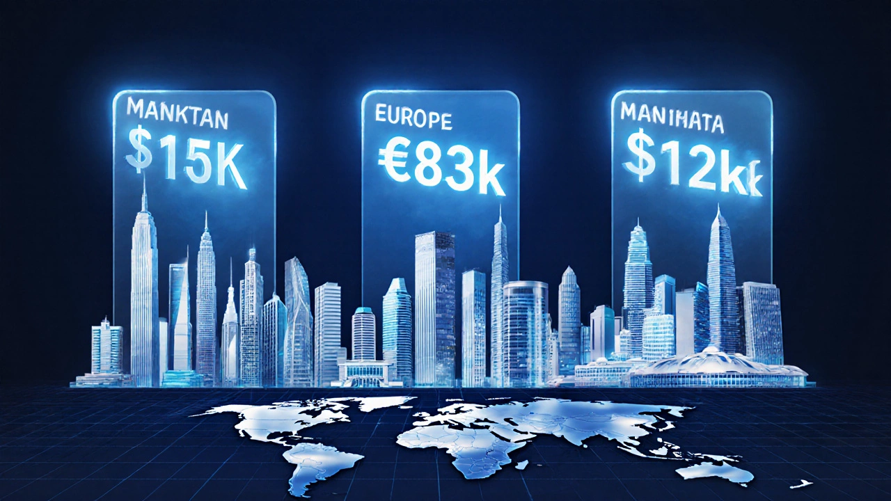 Business districts of US, Europe, and Asia‑Pacific with floating salary figures.