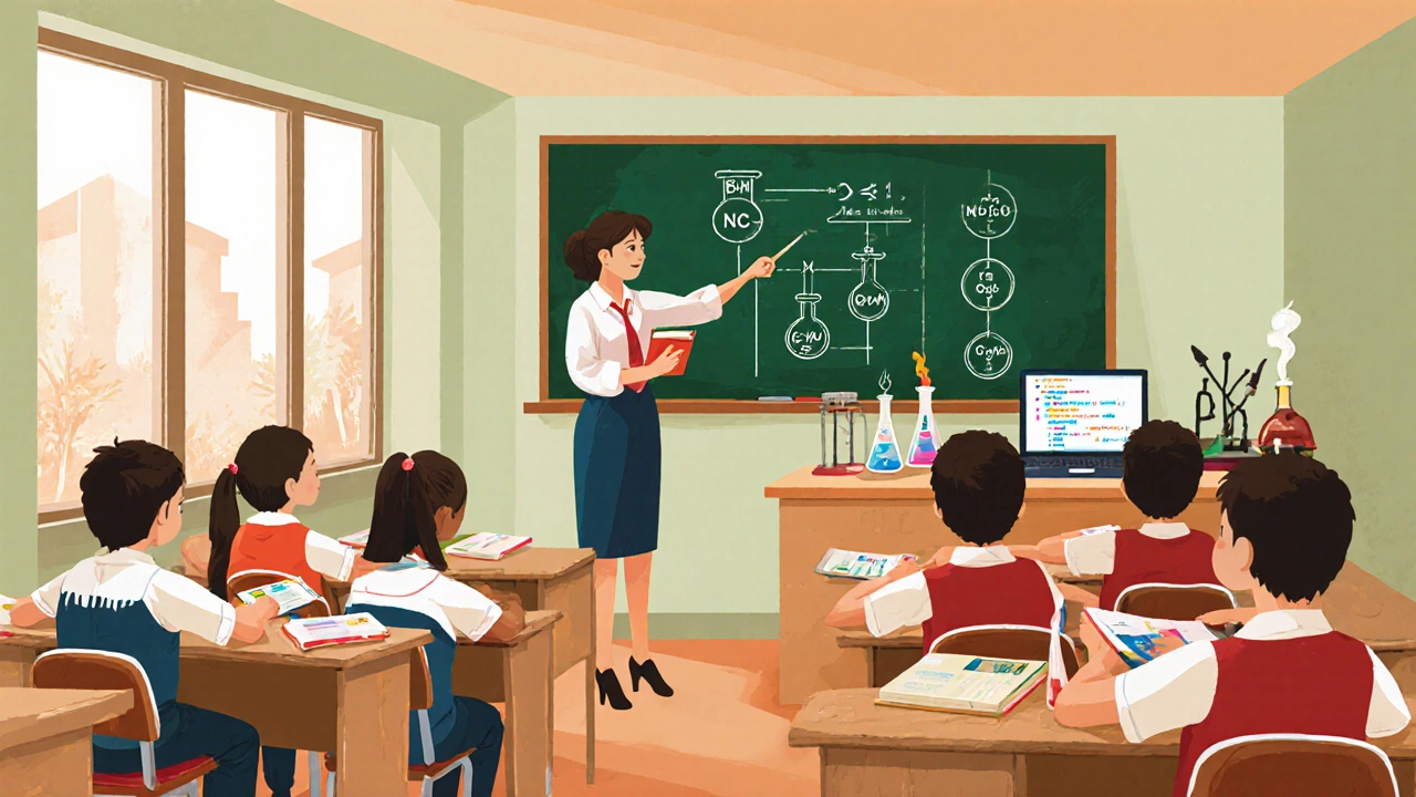 CBSE classroom showing students with NCERT books, teacher, and lab equipment.