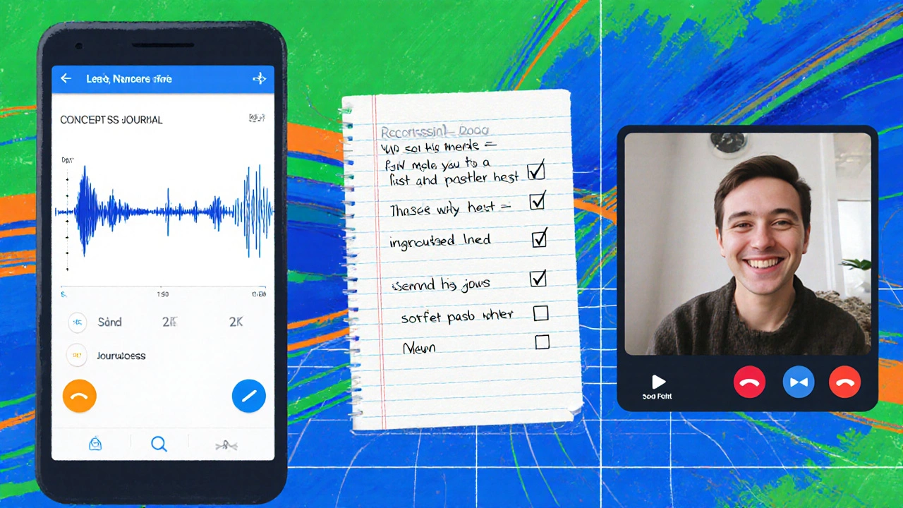 Collage of recording, progress journal, and confident speaker showing improvement.