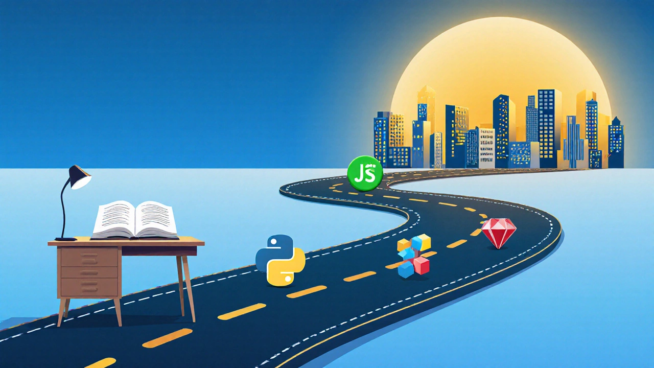 Conceptual scene of a code‑made road leading from a desk to a sunrise city skyline with symbols of Python, Scratch, JavaScript, and Ruby.