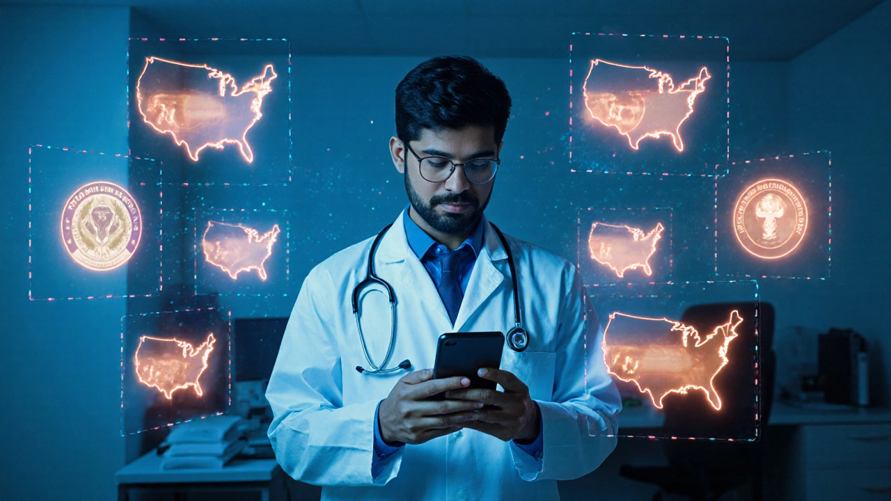 Doctor using AI smartphone tool to detect eye disease, with state health department logos floating nearby.