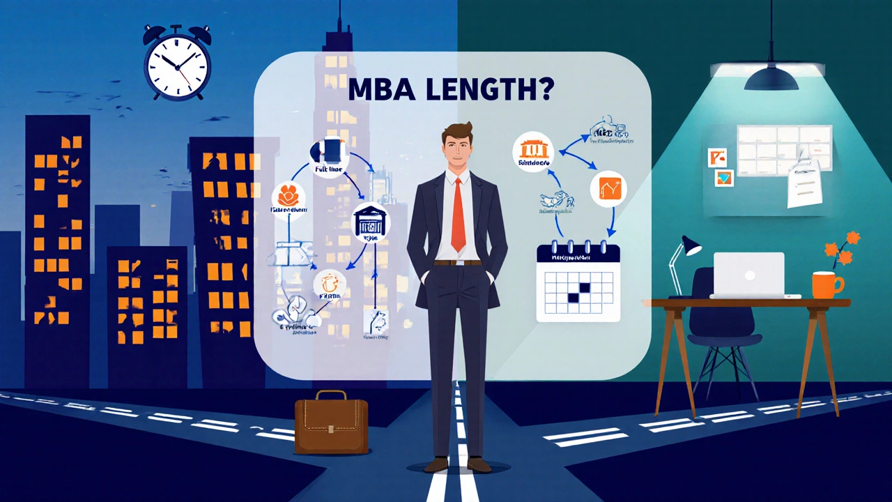 Flat‑design scene of a professional choosing between full‑time, part‑time, and online MBAs.