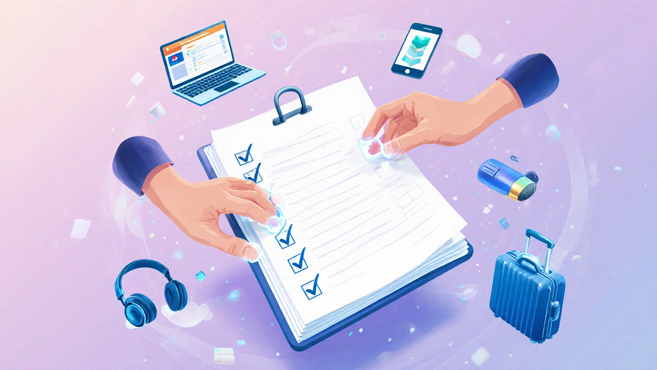 Floating planner with glowing checkmarks and icons for app, laptop, headset, microphone, and suitcase, depicting an English learning action plan.