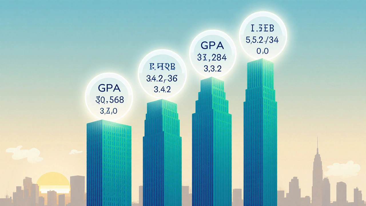 Four ascending skyscrapers with floating GPA numbers indicating school tiers.