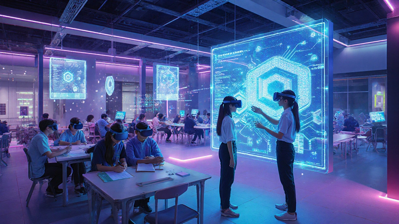 Futuristic CBSE learning hub with holographic labs and students using AR headsets.