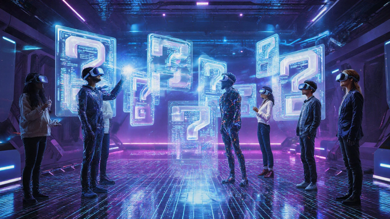 Futuristic test room with holographic questions and candidates using VR headsets.