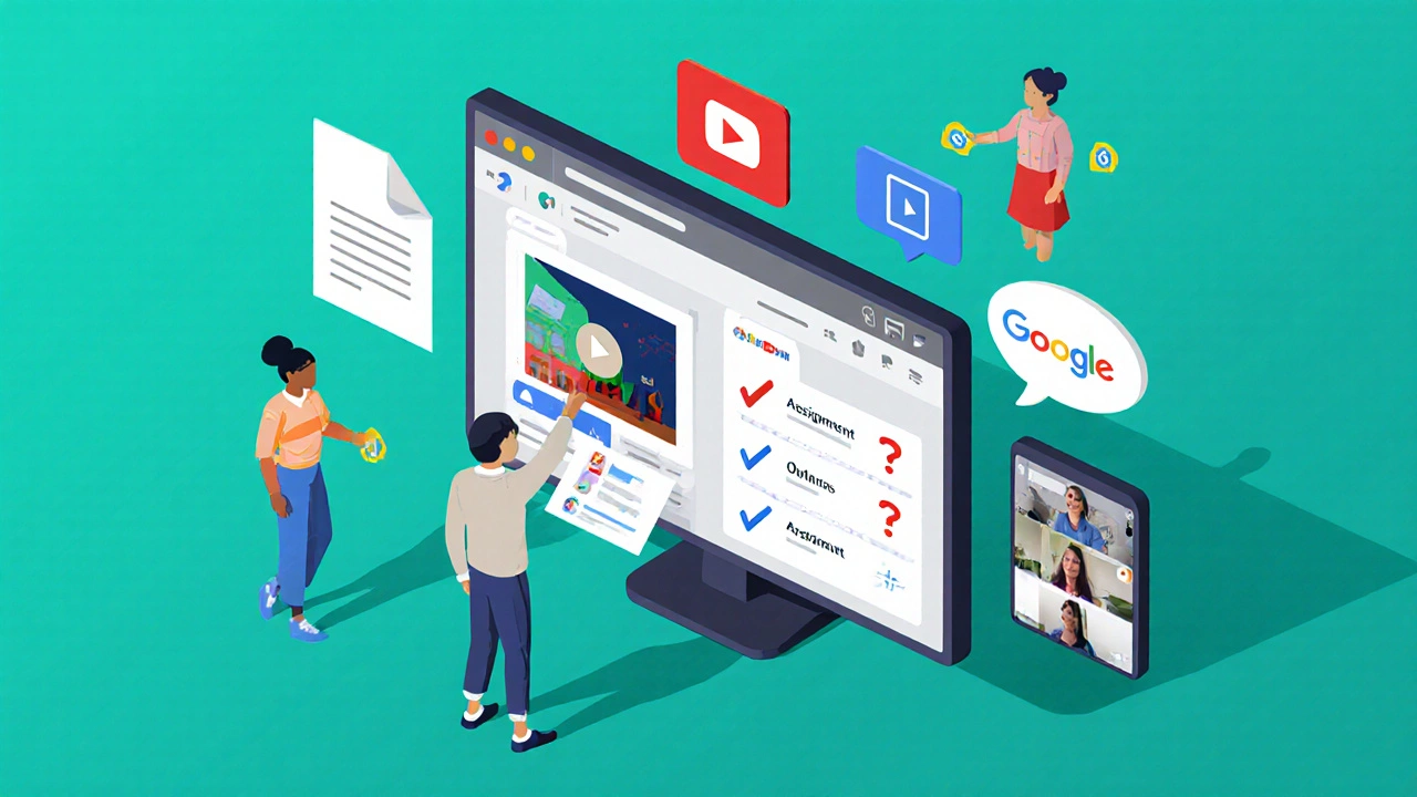 Google Classroom dashboard surrounded by floating Docs, Slides, Forms quiz, and Meet video window.