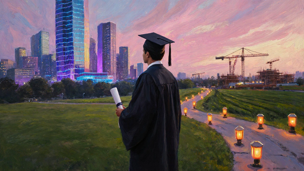 Graduate at dusk faces two paths: a bright tech city and a warm, earthy construction scene.