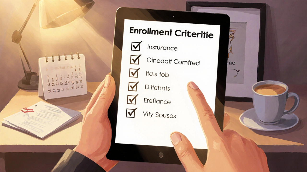Hand holding tablet with checklist icons in a warm study setting, indicating enrollment preparation.