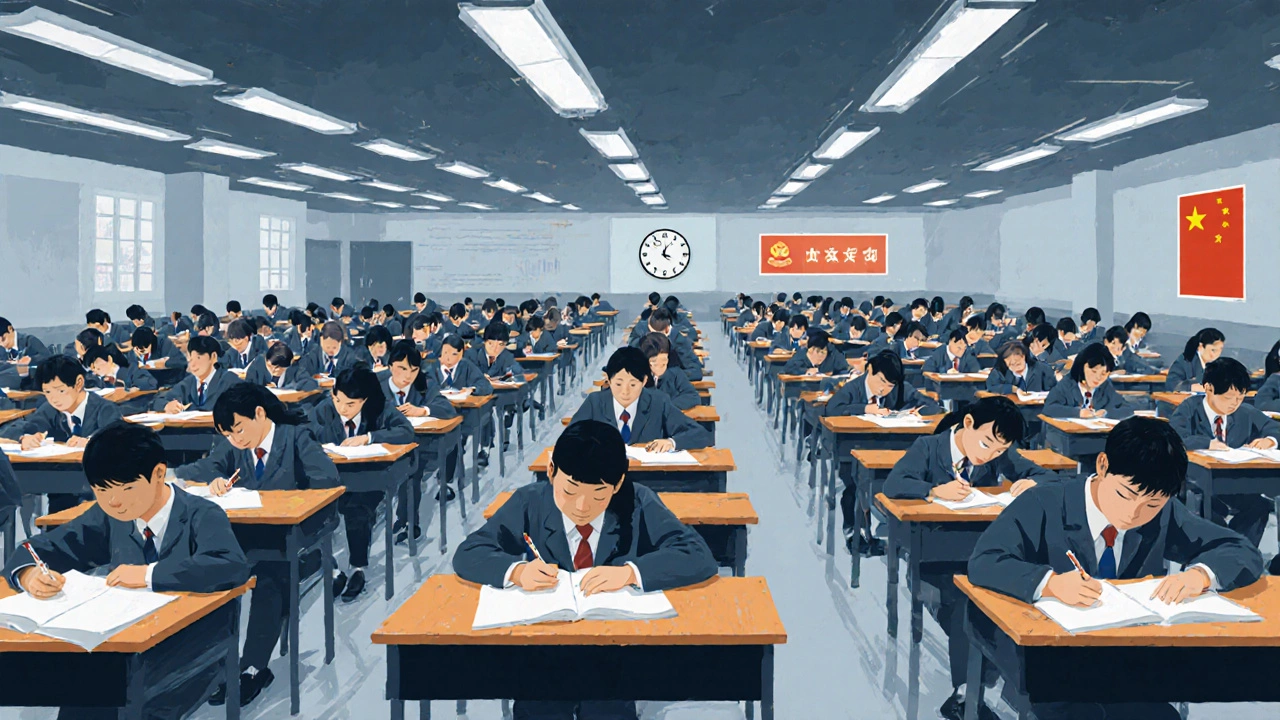 Huge Chinese exam hall filled with students taking the Gaokao under bright lights.