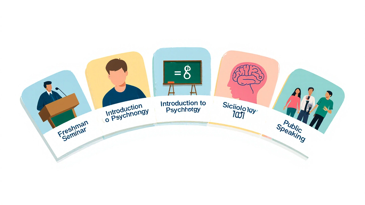 Illustrated icons representing five easy college courses arranged in a semi‑circle.