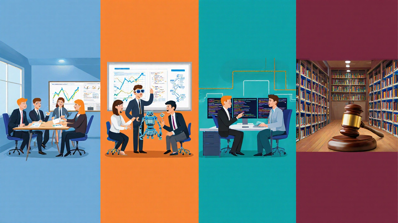 Illustration of four scenes showing business, engineering, computer science, and liberal‑arts degree environments.
