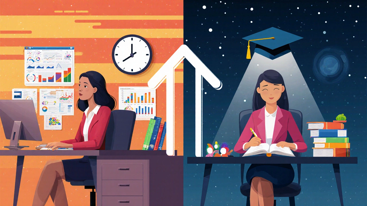 Illustration of Maya balancing office work and evening MBA study, leading to a promotion.