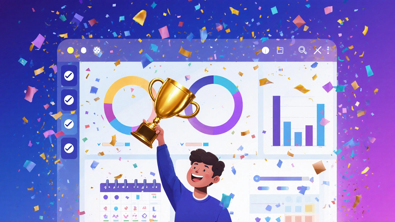 Learner celebrates progress with confetti and abstract app progress bars in the background.