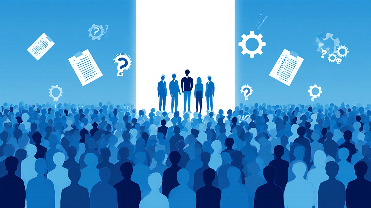 Massive crowd of silhouettes with a spotlight on a few elite figures representing top JEE rankers.