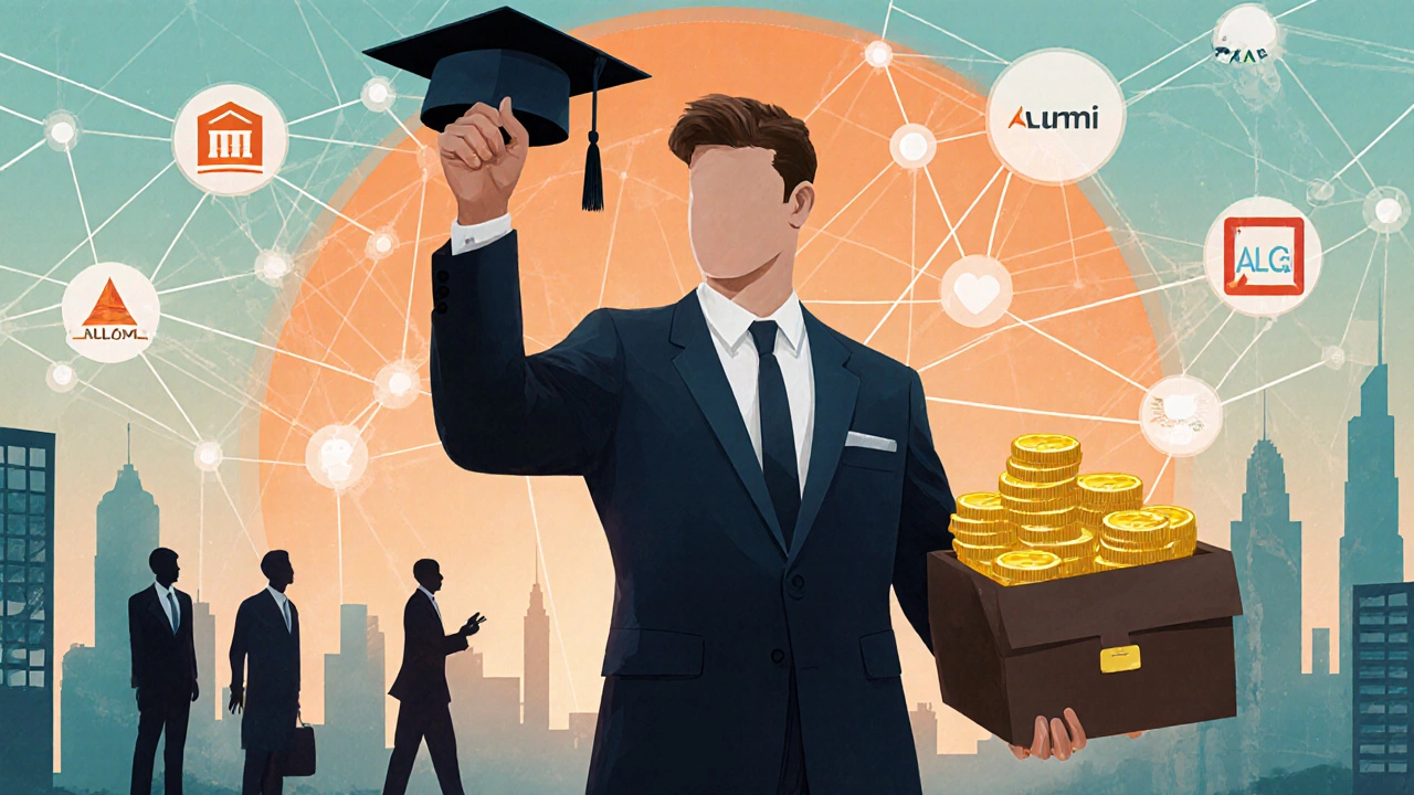 MBA graduate holding cap and briefcase of coins, linked to alumni network.
