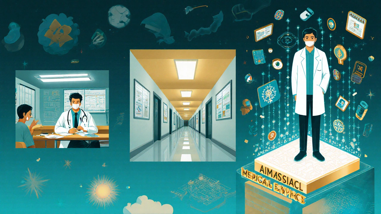 NEET topper's journey from coaching center to medical entrepreneur with digital health icons.
