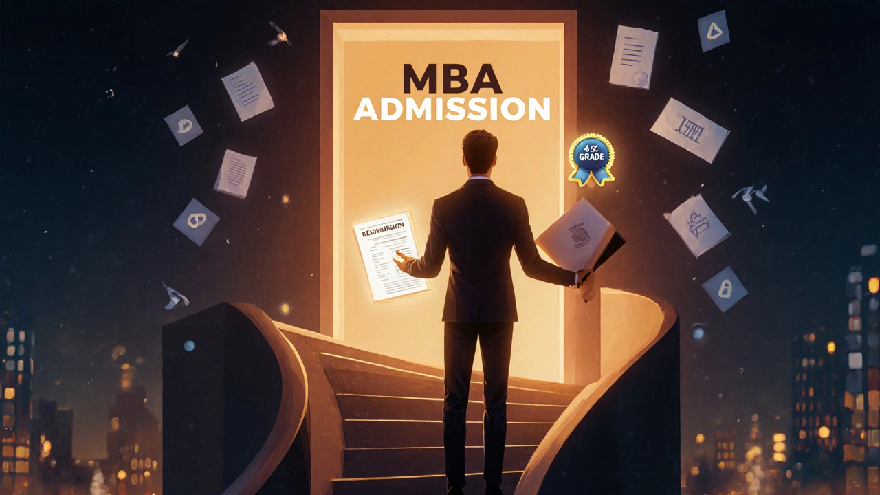 Professional on a staircase holding GMAT scores and a 4.0 badge, approaching an MBA doorway.