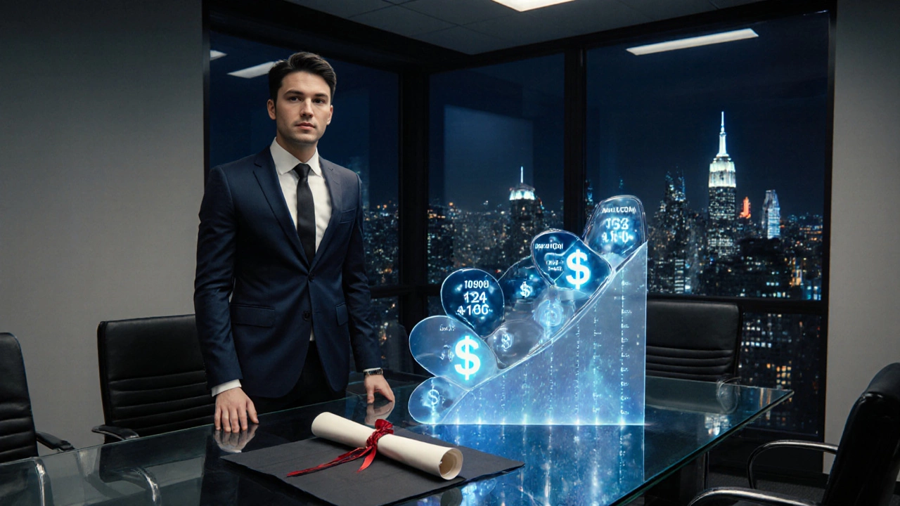 Recent MBA graduate in a suit beside briefcase and abstract salary shapes in a city office.