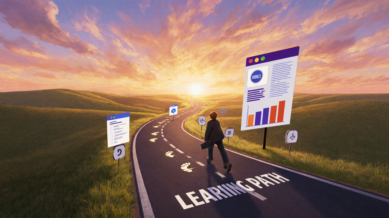 Road with milestone markers like a CLI to‑do list and click counter, person walking with laptop.