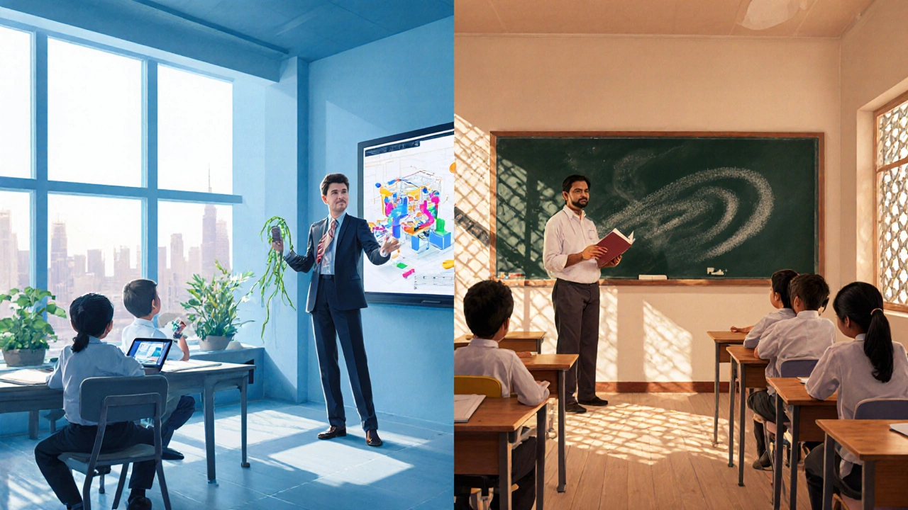 Side‑by‑side classrooms showing Dubai’s tech‑rich setting and India’s classic teaching environment.