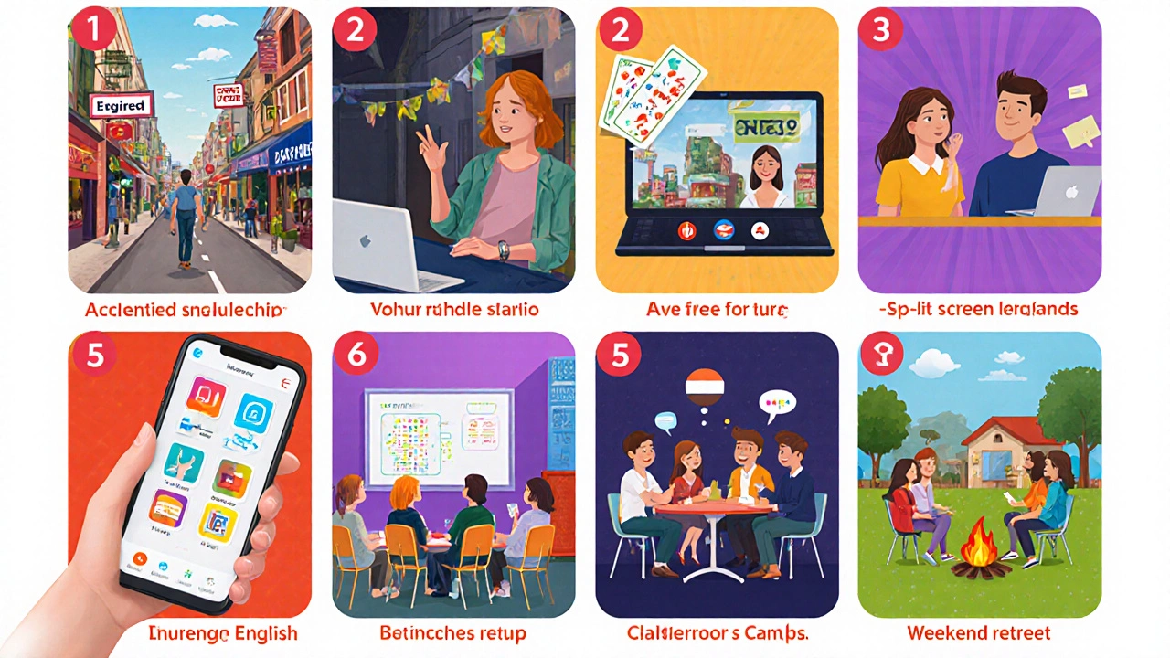 Six-panel illustration showing immersion, online course, language exchange, mobile app, bootcamp, and immersion weekend scenes.