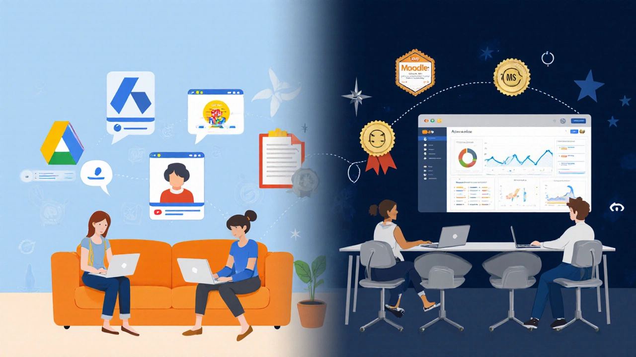 Split-screen contrast of a casual Google learning setup and a formal LMS dashboard with analytics.
