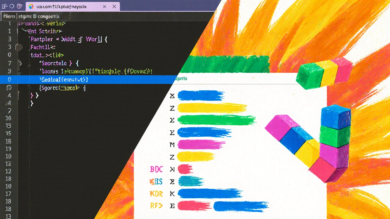 Split-screen illustration showing Python code in VS Code on the left and colorful Scratch blocks building a sprite on the right.