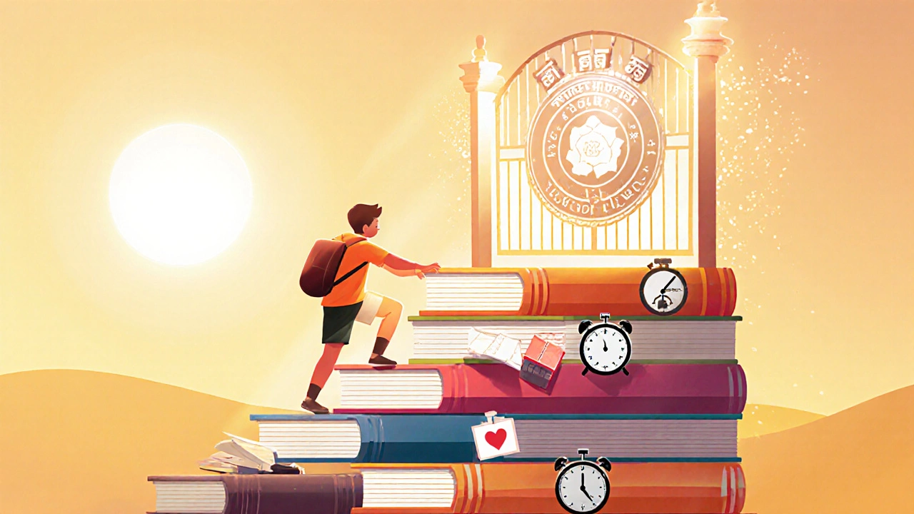 Student climbing a staircase of textbooks toward a glowing IIT gate, with symbols of study and health.