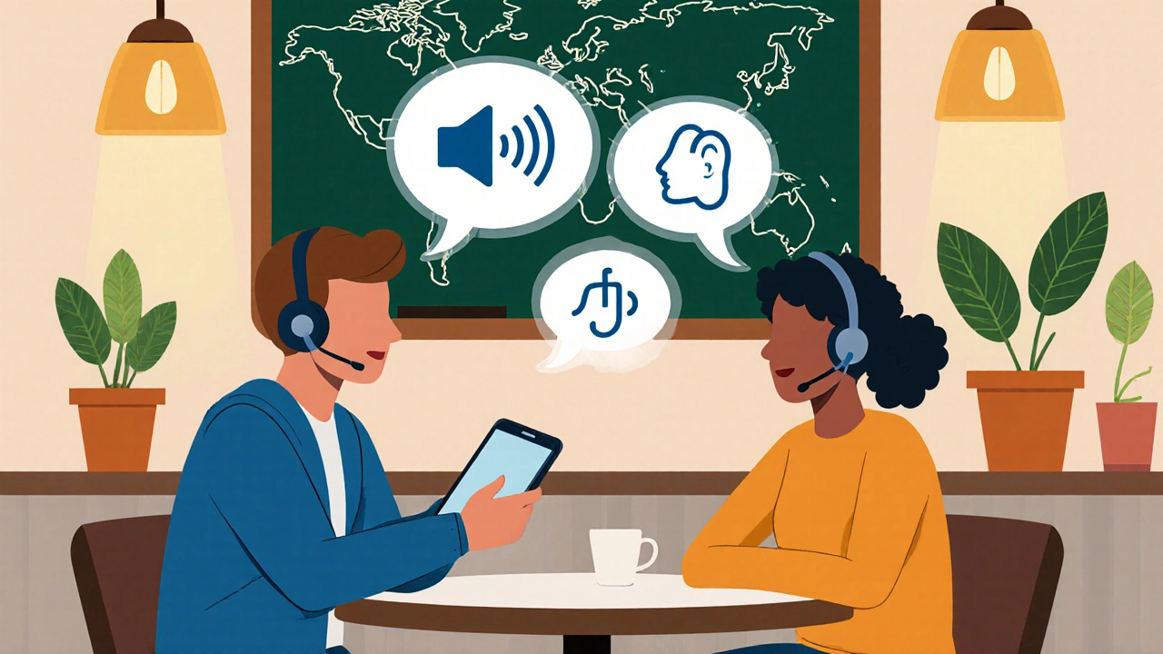 Two people practice English together at a café using a phone and headsets.
