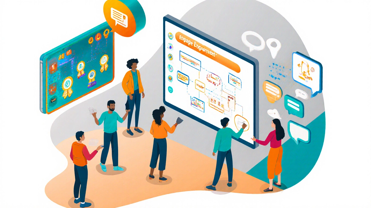 Virtual classroom with learners using interactive tools, gamified leaderboard, and chat.