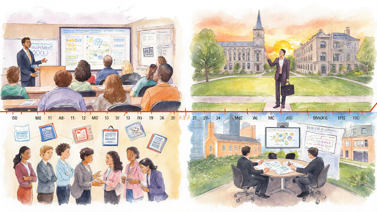 Watercolor timeline of a two‑year MBA showing classes, electives, internship, and capstone.