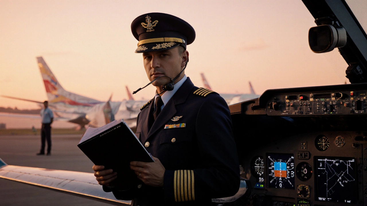 A commercial pilot beside a regional plane at sunrise, holding flight equipment with no mention of formal education.