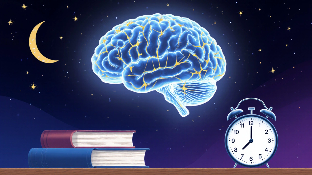 A glowing brain with neural connections above a desk, symbolizing memory consolidation during deep sleep.