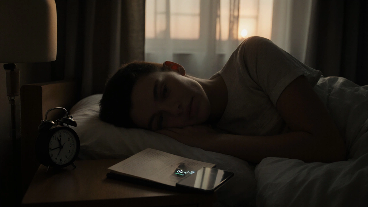 A student asleep at dawn in a dark room, alarm clock and closed book beside them, peaceful and restful.