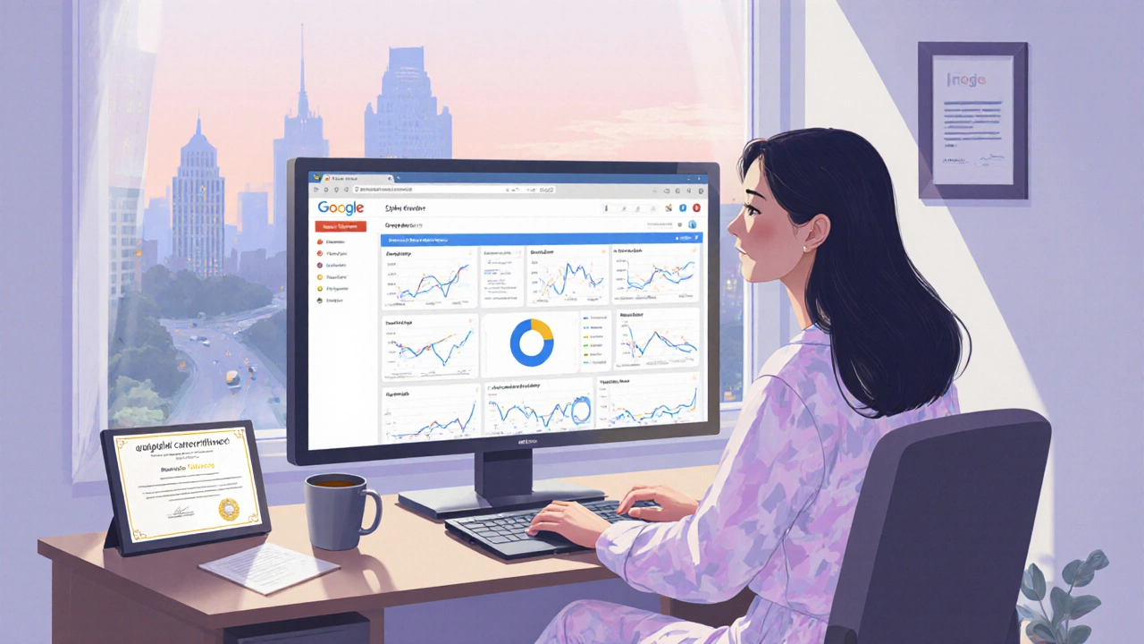 A woman in pajamas working from home with a Google certification on her desk, smiling at an analytics dashboard.