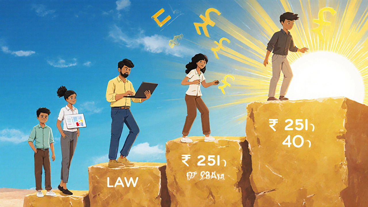 Diverse young professionals rising on career stepping stones toward high salaries.