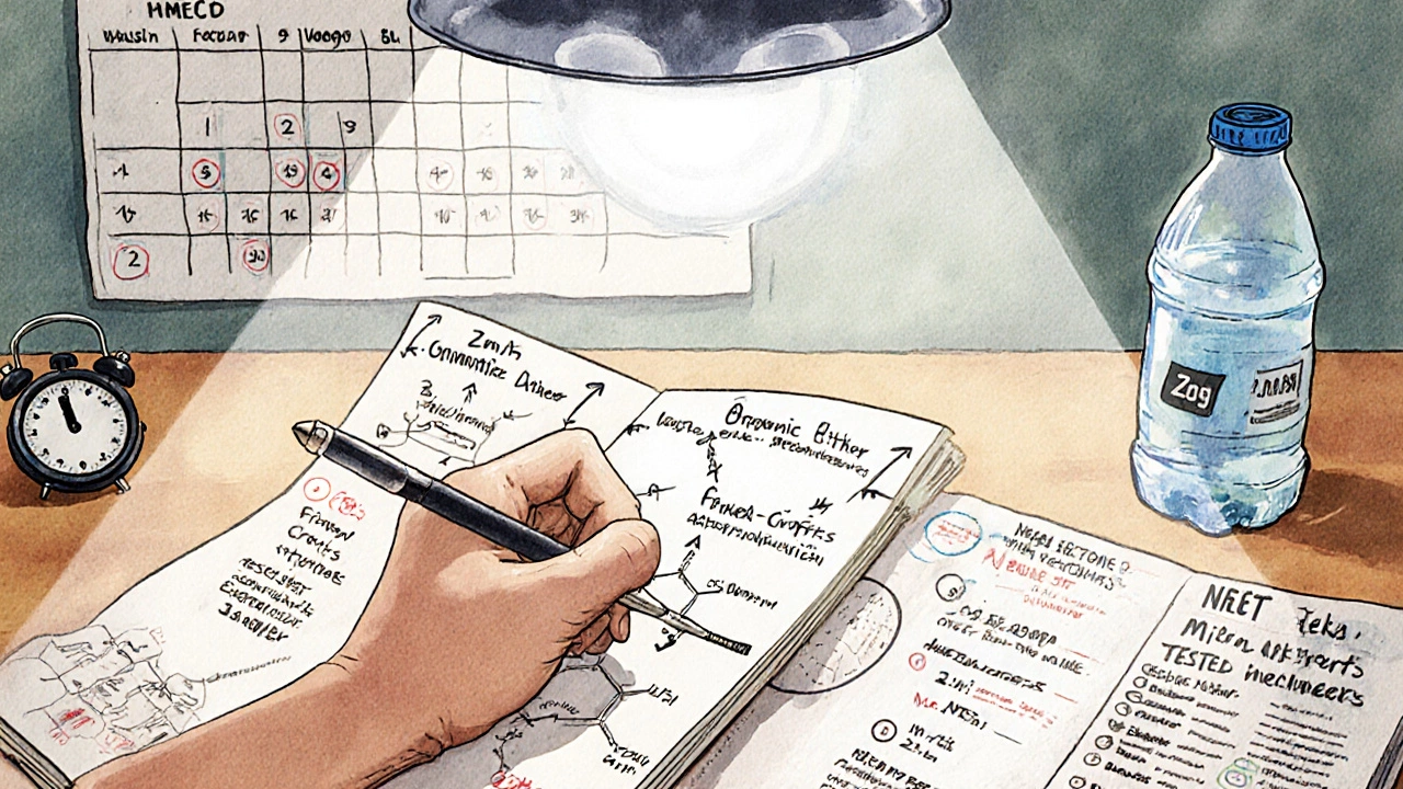Hand writing organic chemistry reaction mechanisms with annotated exceptions in notebook.