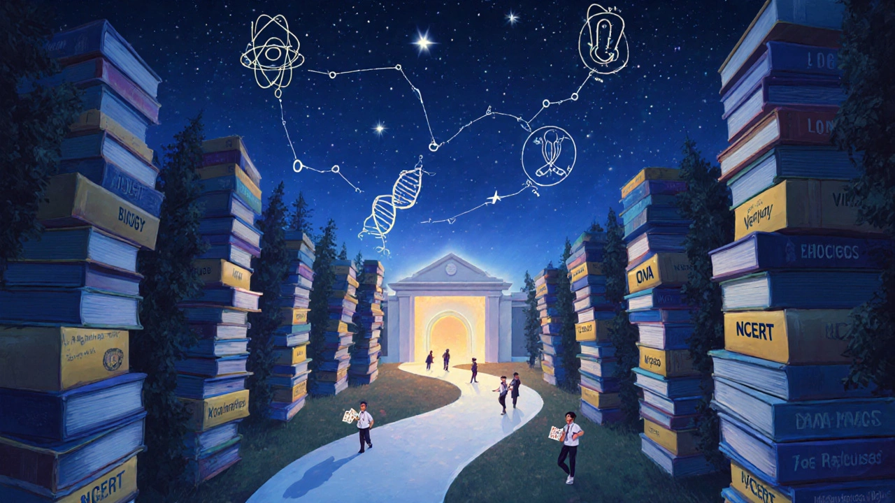 Path of NCERT books leading to medical college gate under starry sky with concept diagrams.