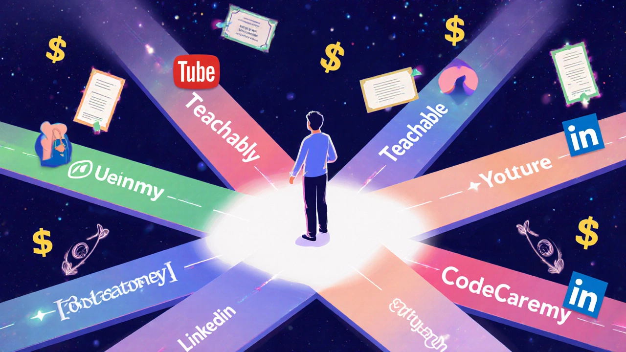 Person choosing between six online learning platforms, each with unique income symbols.