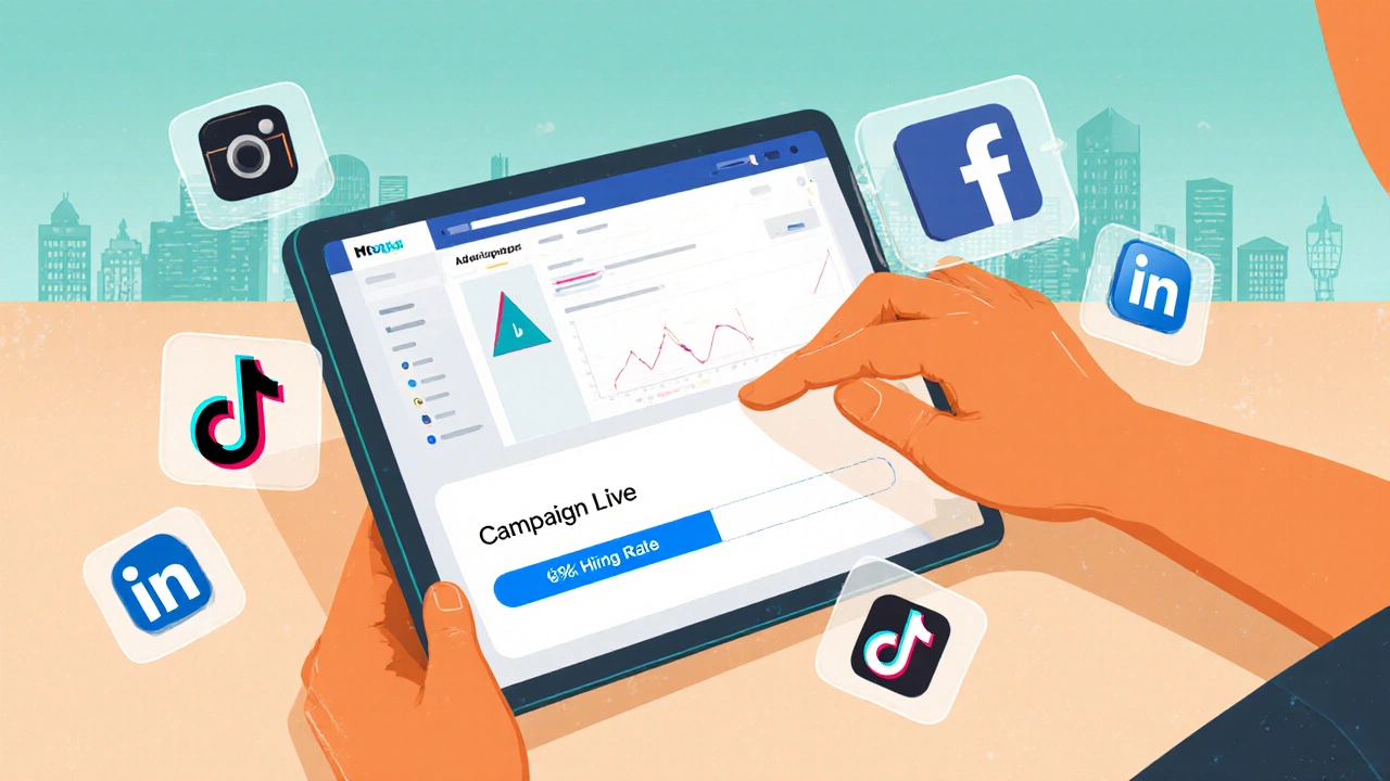 Person creating a social media ad campaign using Meta&#039;s platform with platform icons floating nearby.