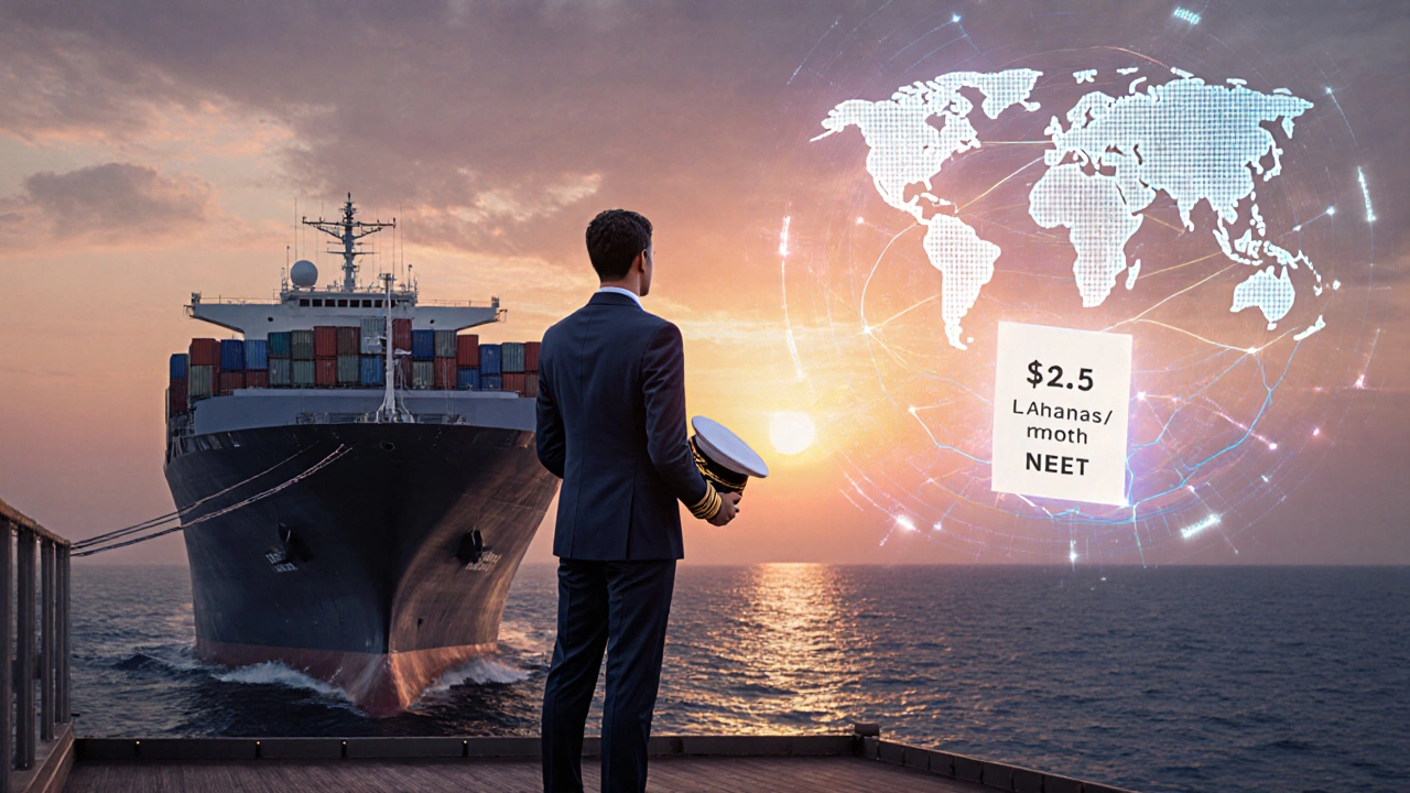 Professional on a ship&#039;s deck at sunset with salary slip and global routes.