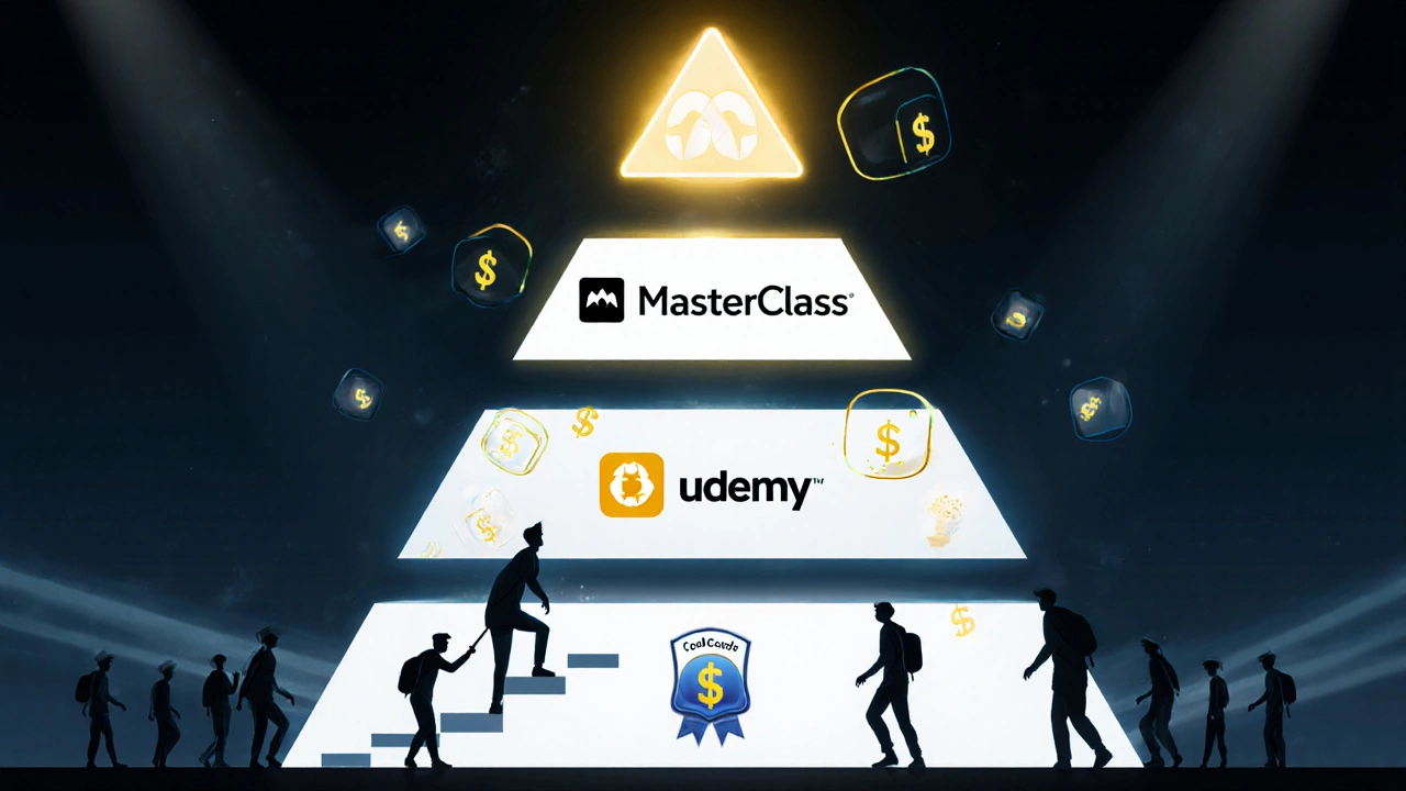 Pyramid of learning platforms with MasterClass at the top, showing paths to higher earnings.