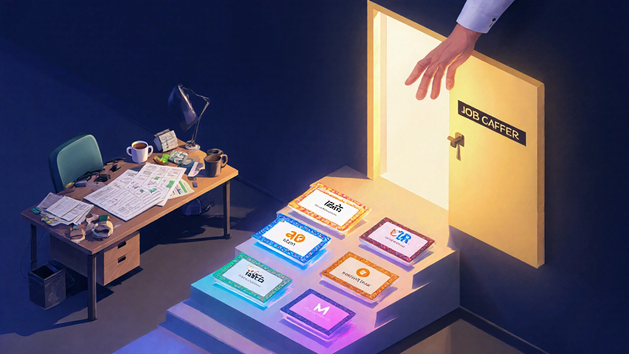 Staircase of certification certificates leading to a glowing job offer door, symbolizing career growth.