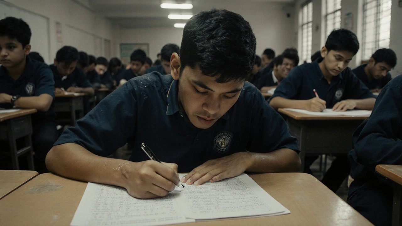 Student hurriedly answering exam questions under fluorescent lights in a crowded hall.
