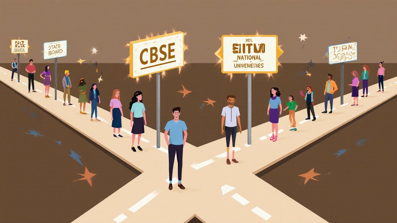Students at a crossroads with paths labeled CBSE, ICSE, and State Board leading to different colleges.