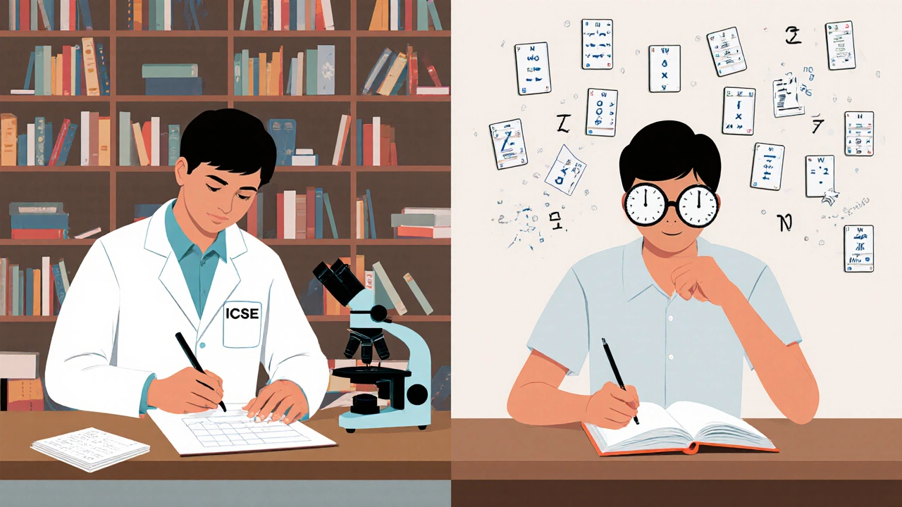 Two students side by side, one in a science lab, the other solving timed math problems.